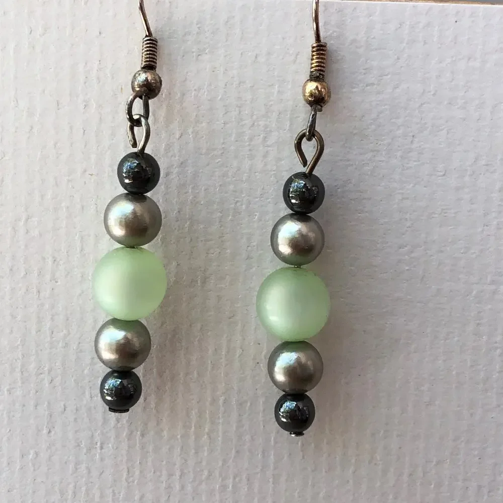 Green and Gray Dangle Statement Earrings Hook Faux Pearls Upcycled Handmade Gift